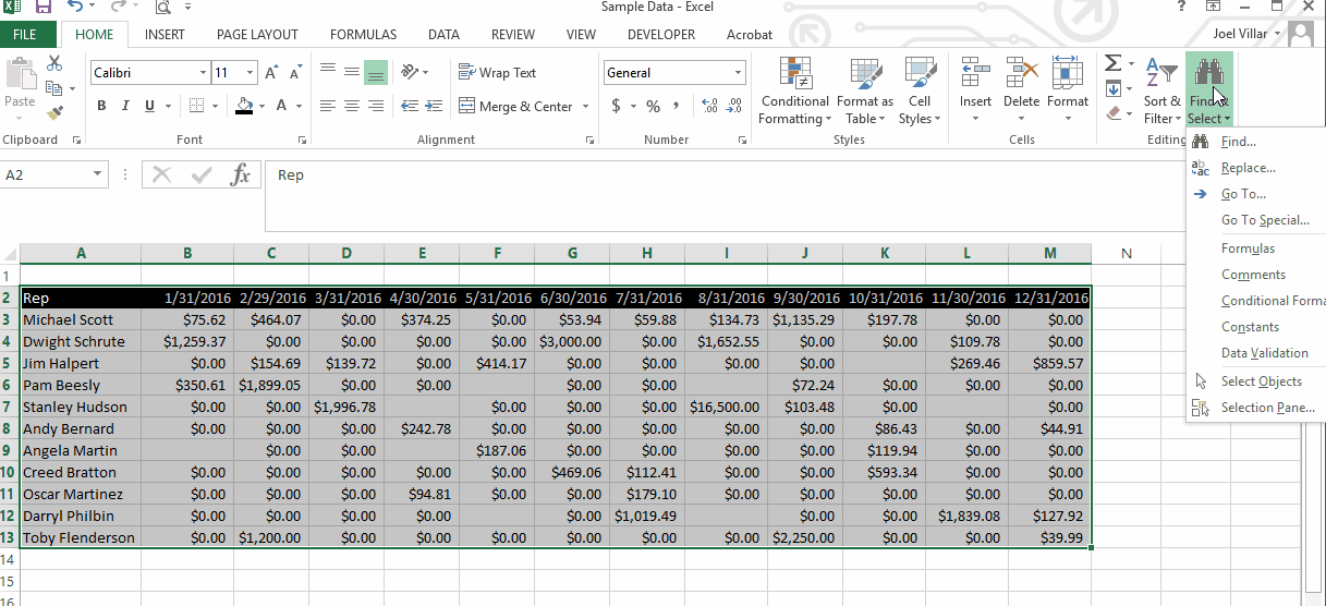 Excel Select Formulas