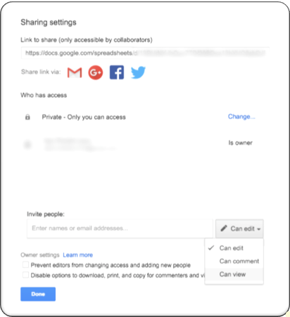 All you have to do is go into the file and share it with others by entering their email address or sharing the sheet’s link. Another great thing is you have different sharing options available. View-only or comment-only accesses are available so that you can restrict access to collaborators. 